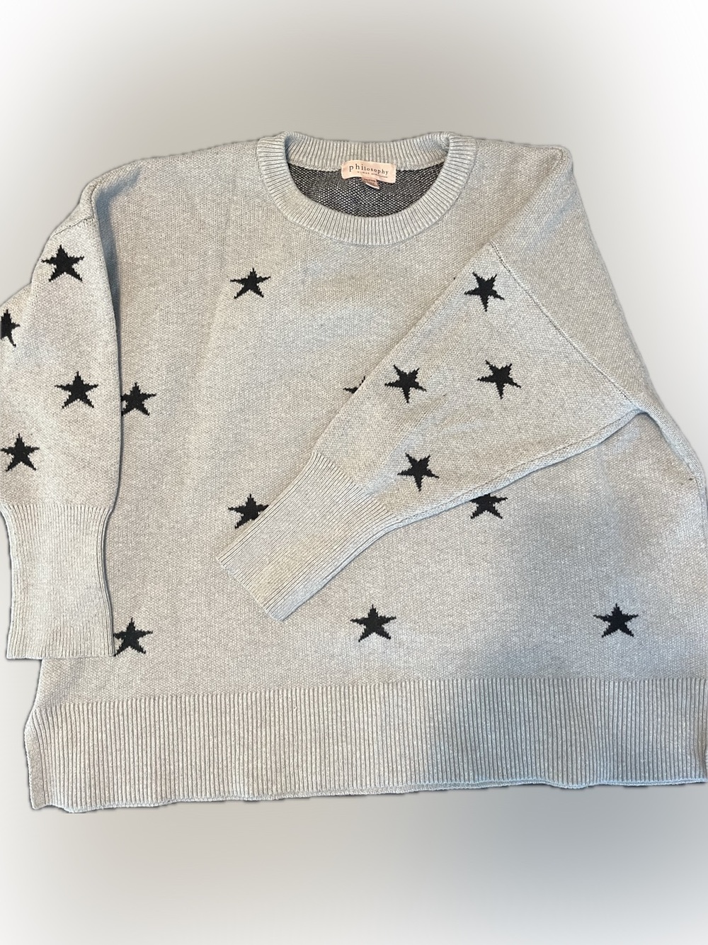 Philosophy Light Gray Crewneck Sweater with Black Star Accents